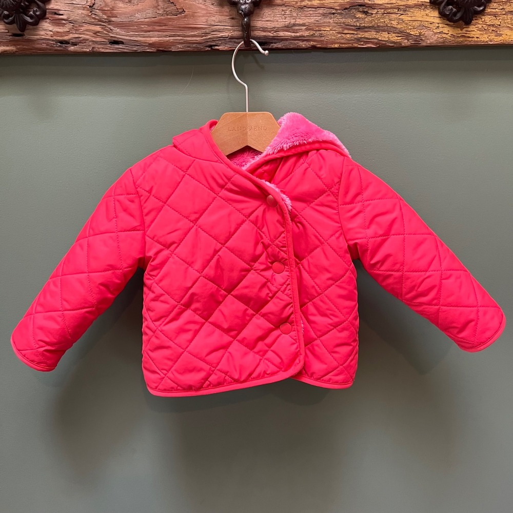 Primary Kids Neon Pink Quilted Faux‎ Fur Lined Hooded Puffer Jacket 6-12 Months